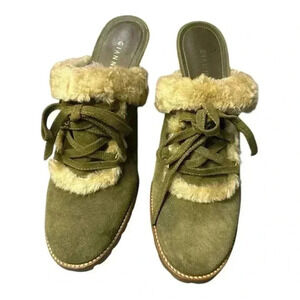 Gianni Bini‎ Fur-Lined Mule Heels - Size 10M - Olive Green Suede